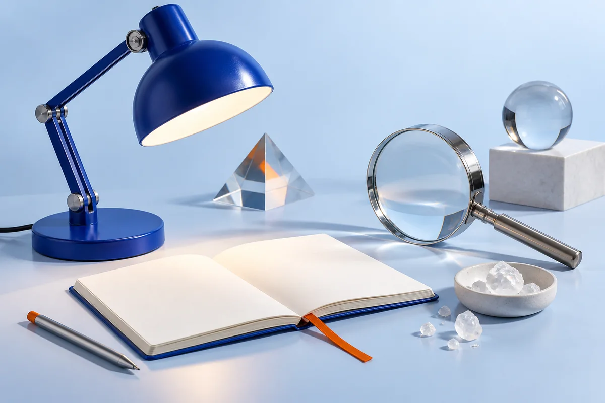 A lamp, notebook and optical lens on an editorial worktable. AI-created editorial illustration.