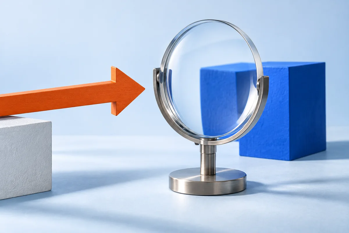 An arrow pointing at a lens stand rather than through the lens. AI-created editorial illustration.
