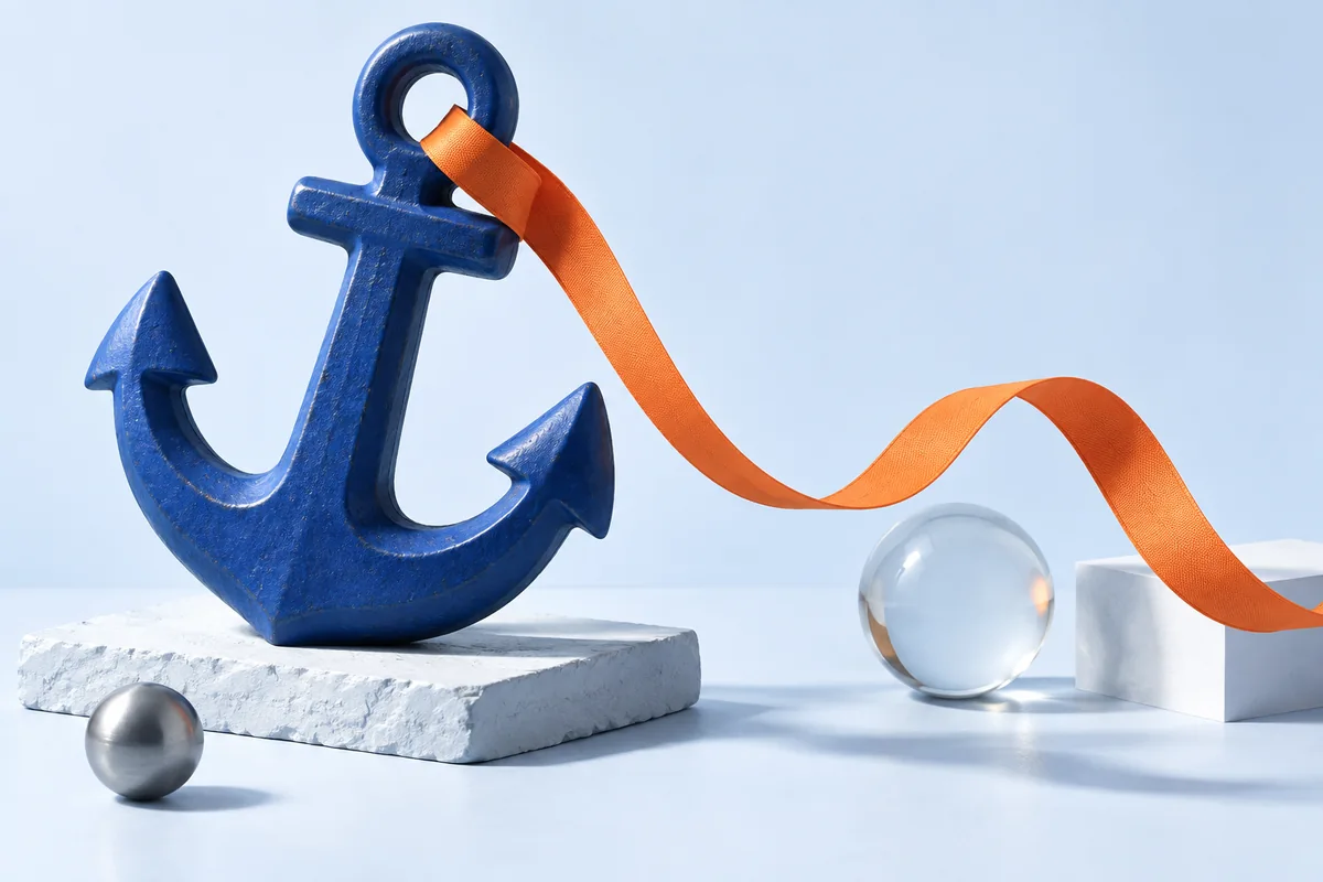 An anchor holding an unmarked orange ribbon. AI-created editorial illustration.