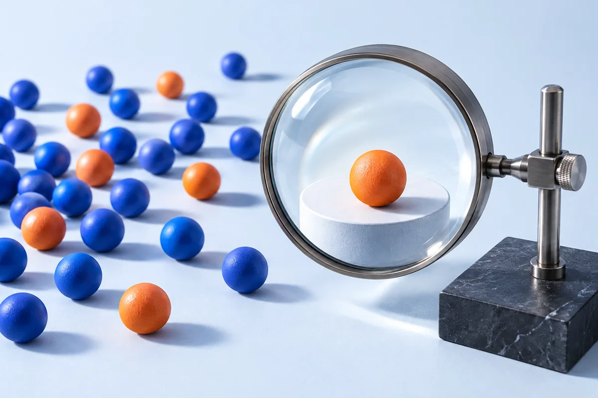 One bead under a magnifier beside a much larger collection. AI-created editorial illustration.
