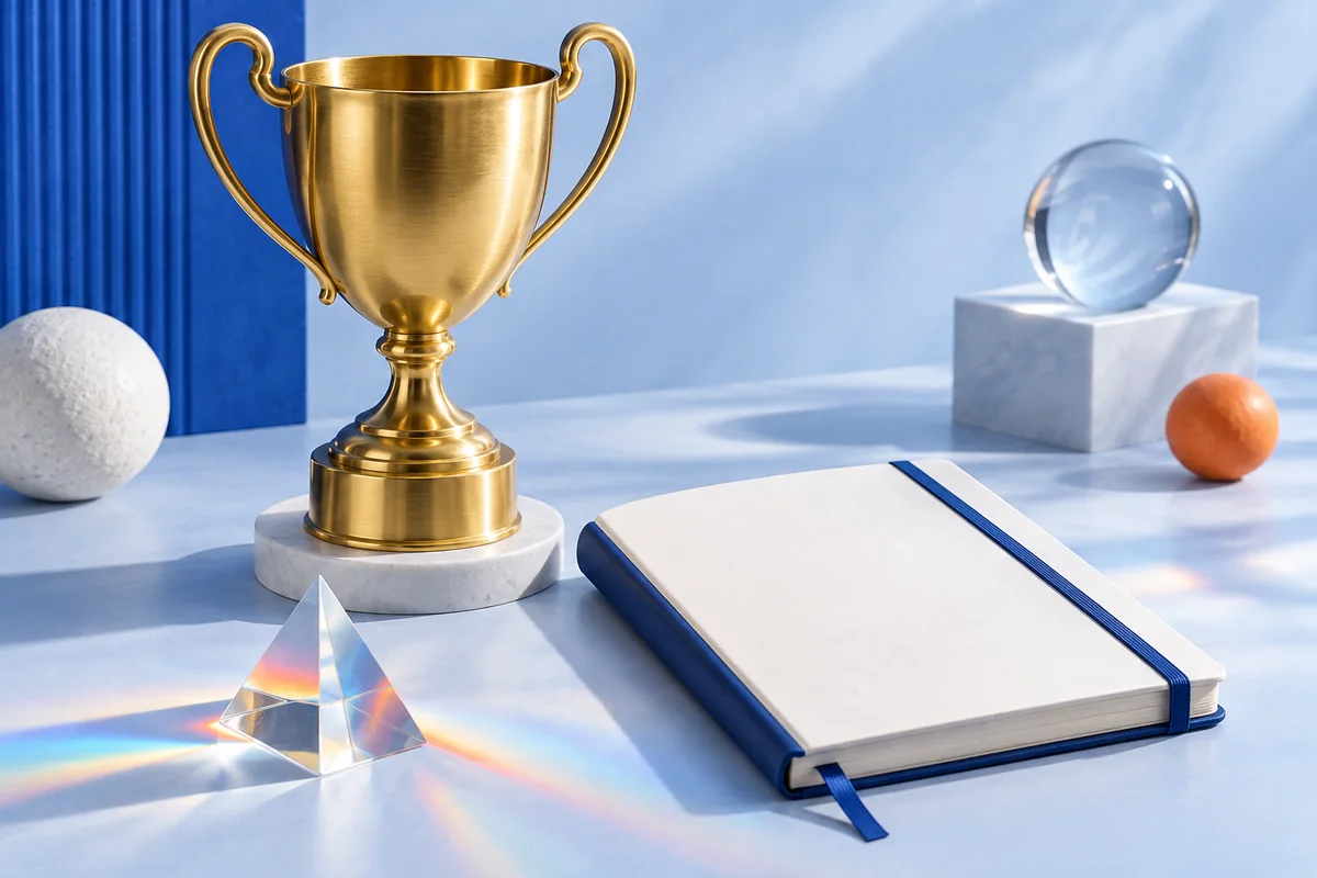 A trophy beside a research notebook and prism. AI-created editorial illustration.