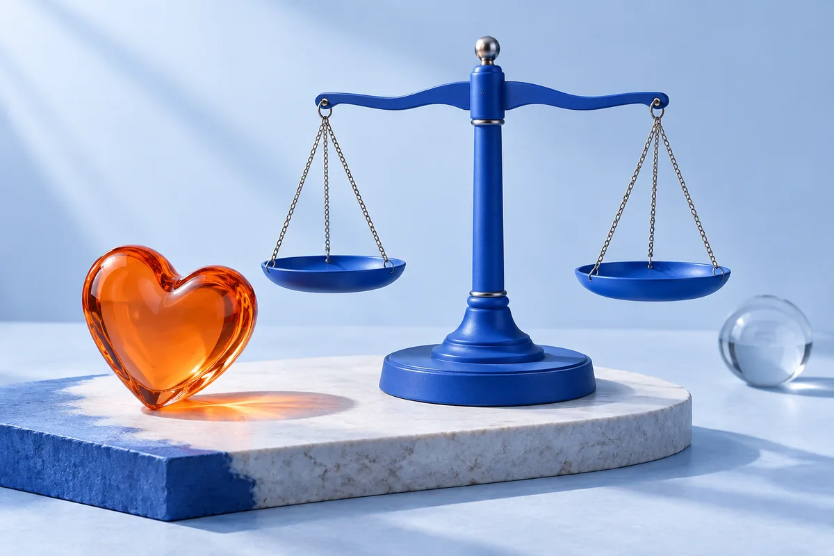 A glass heart beside an empty balance scale. AI-created editorial illustration.