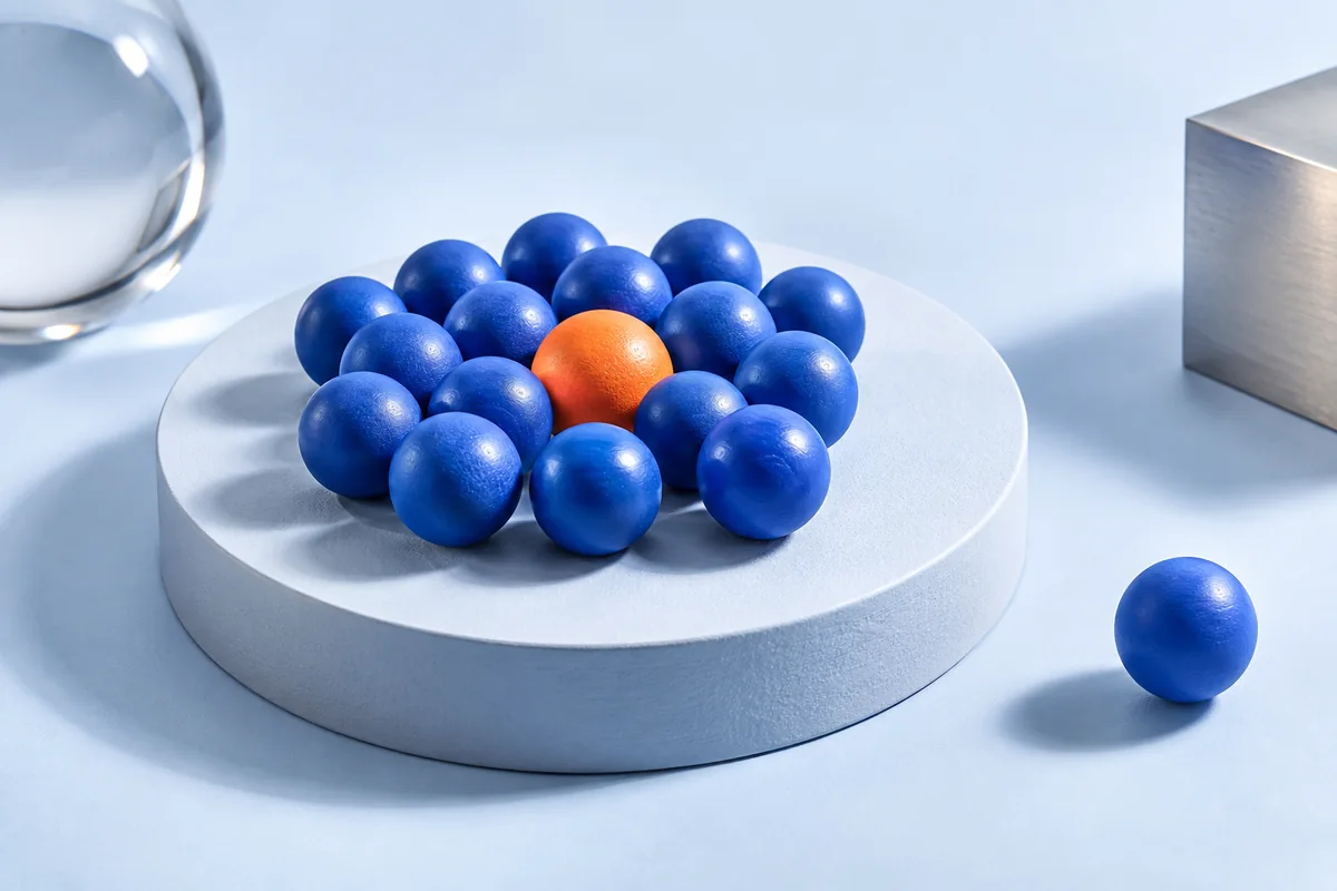 Blue beads gathered around an orange bead. AI-created editorial illustration.