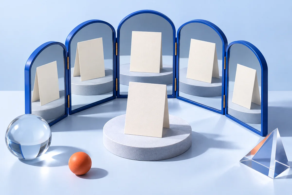 Identical blank cards reflected in separate mirrors. AI-created editorial illustration.