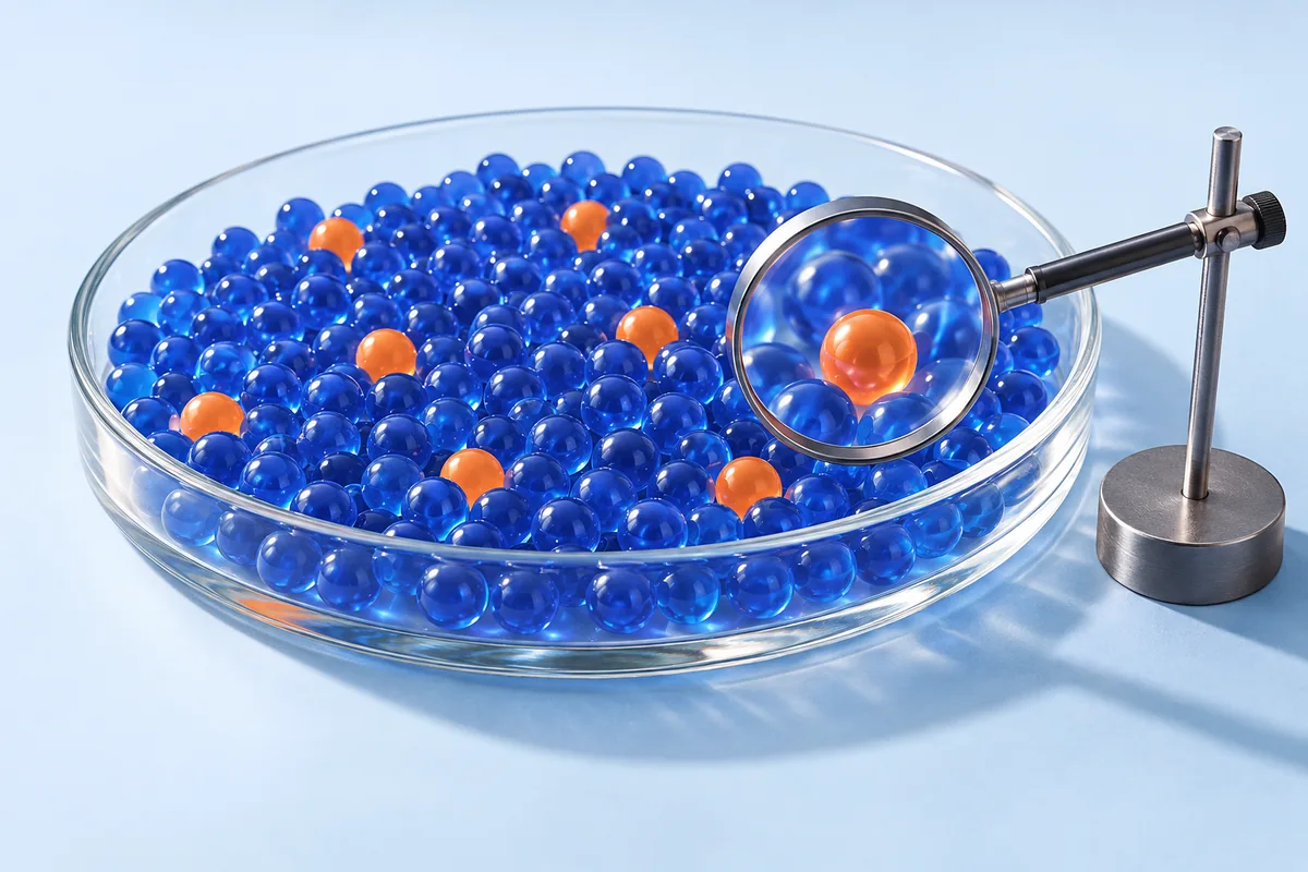 A mixed bead collection with a small minority of orange beads. AI-created editorial illustration.