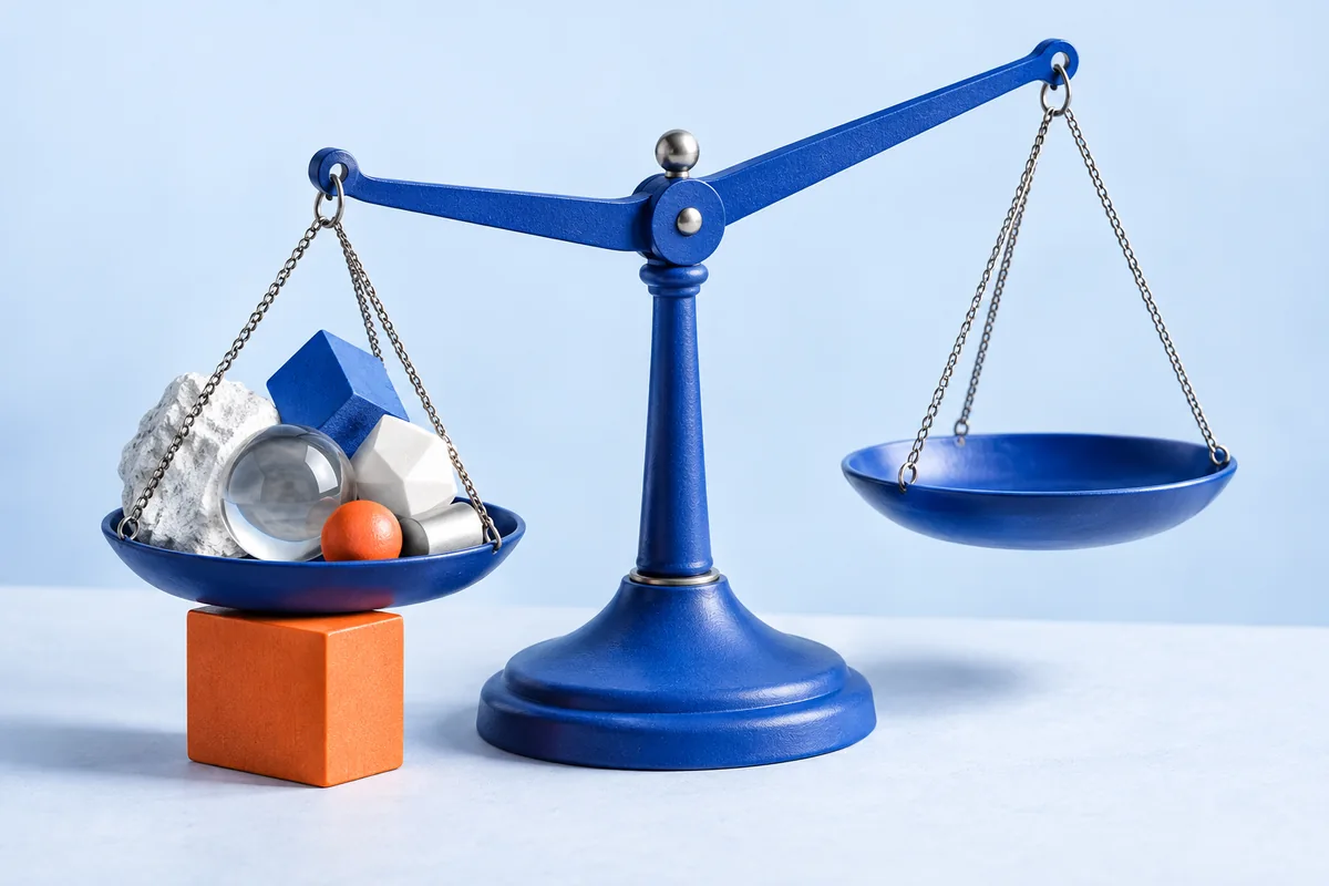 A balance scale with one loaded pan and one empty pan. AI-created editorial illustration.