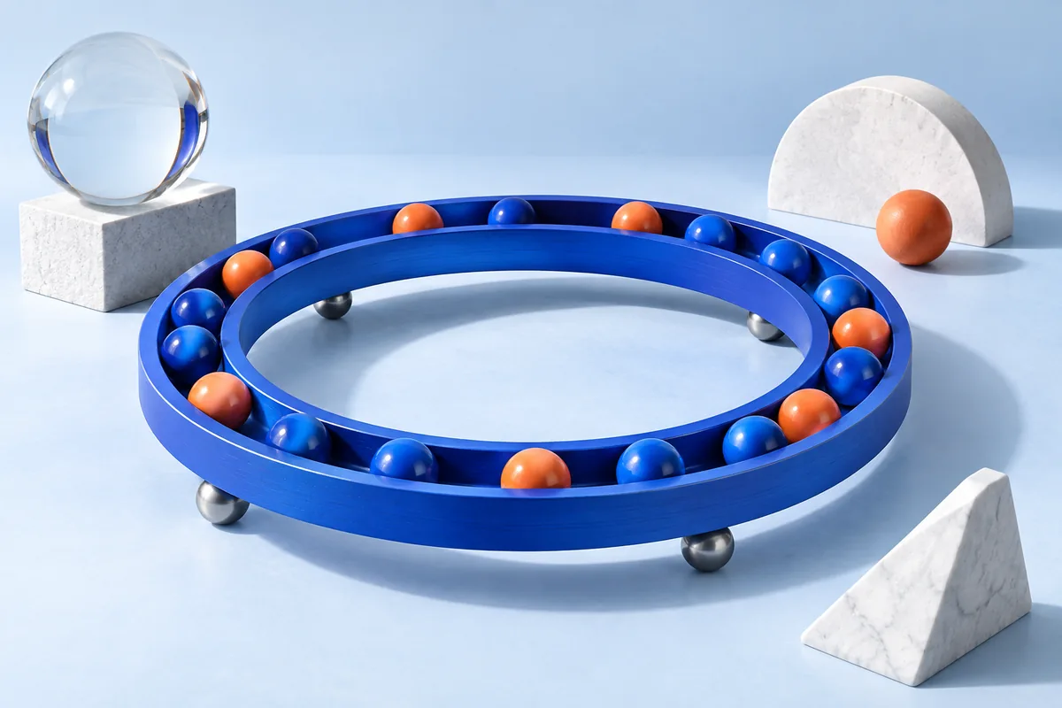 A circular track of beads returning to its starting point. AI-created editorial illustration.
