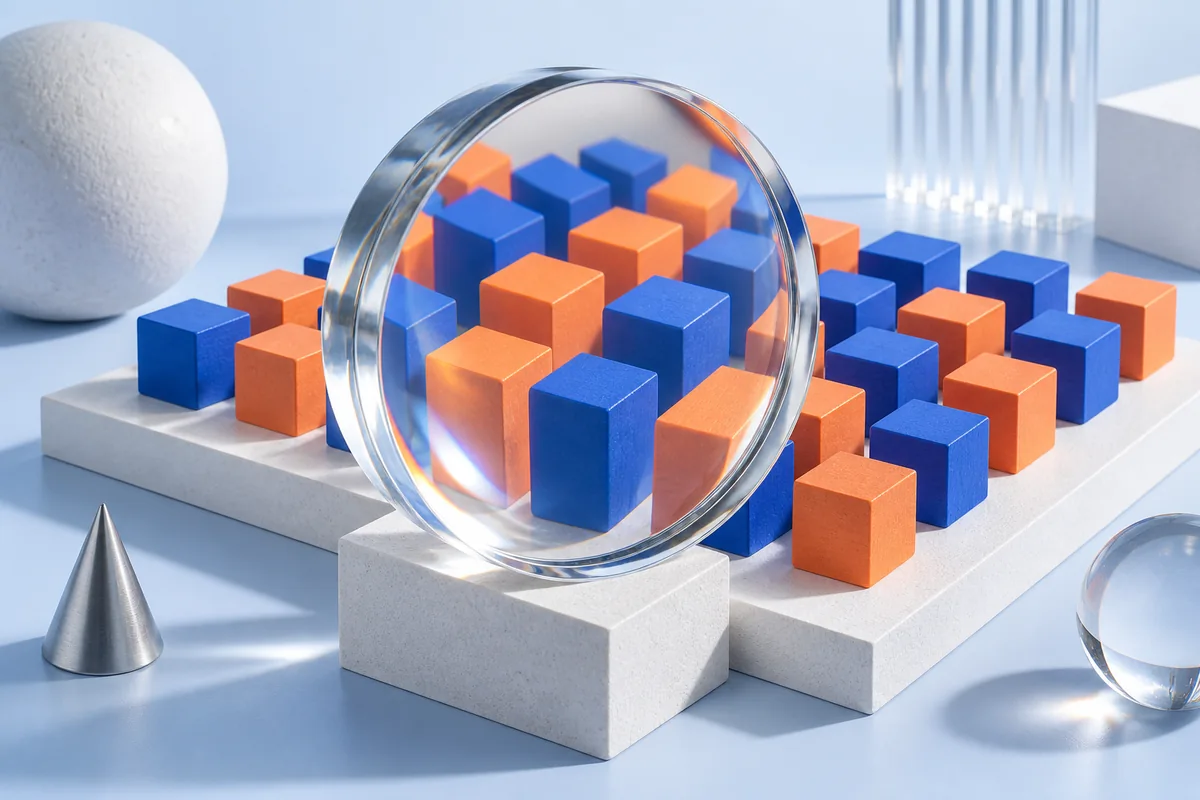 An optical lens distorting a grid of coloured cubes. AI-created editorial illustration.