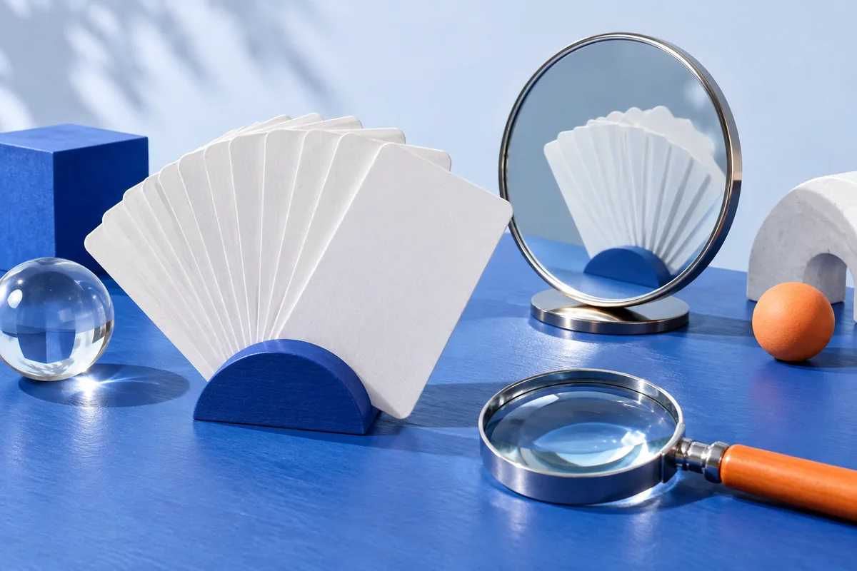 Blank cards, a mirror and a magnifier on a tabletop. AI-created editorial illustration.