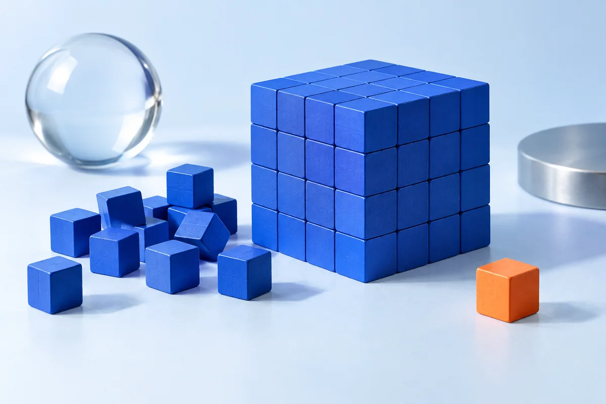Small cubes beside a larger cube assembled from the same parts. AI-created editorial illustration.