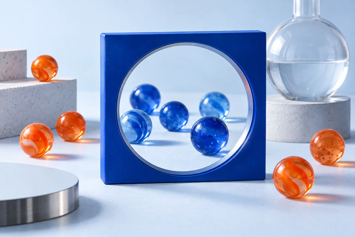A viewing frame enclosing blue marbles and excluding orange ones. AI-created editorial illustration.