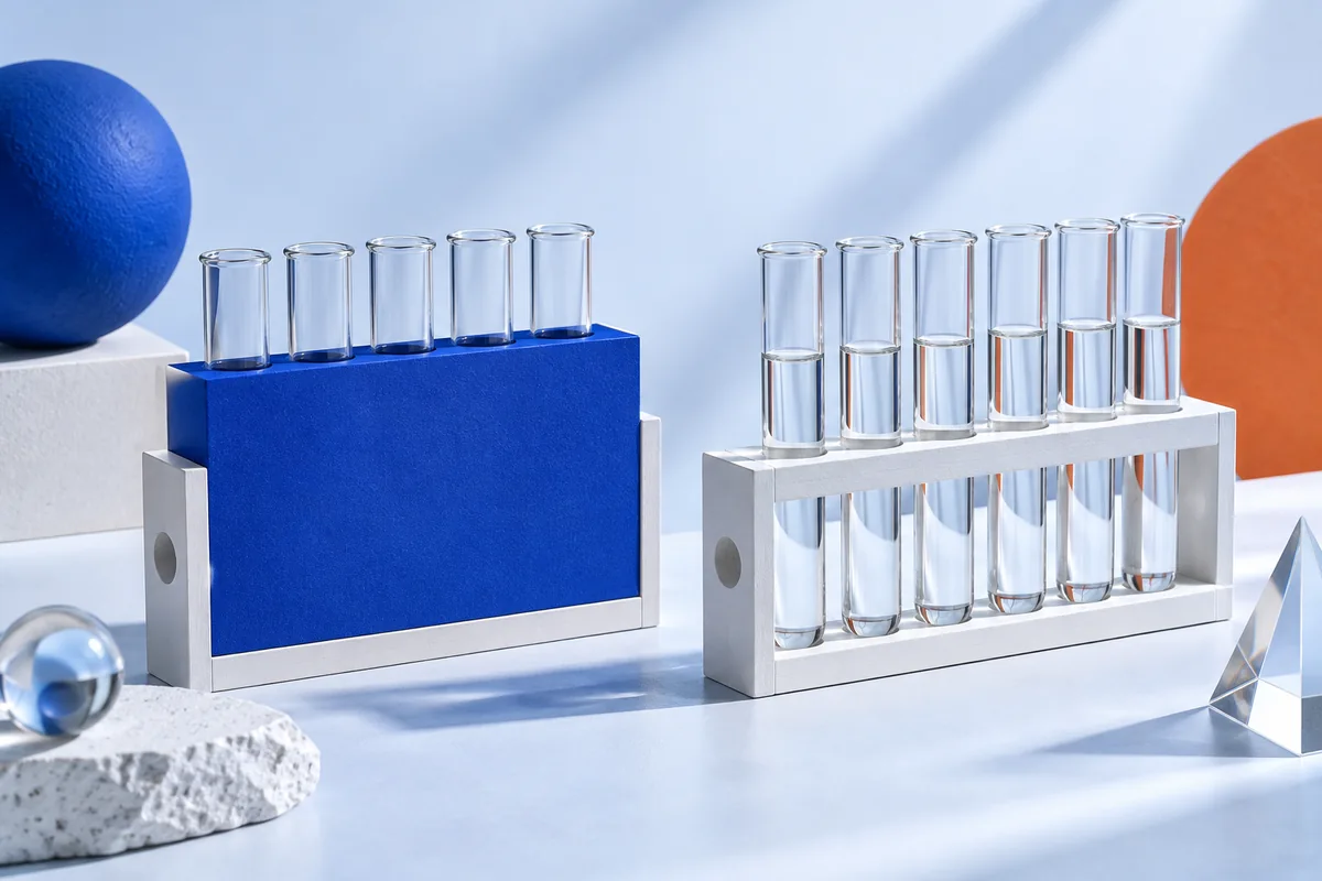 Two matching racks of tubes, one partly covered by a sleeve. AI-created editorial illustration.