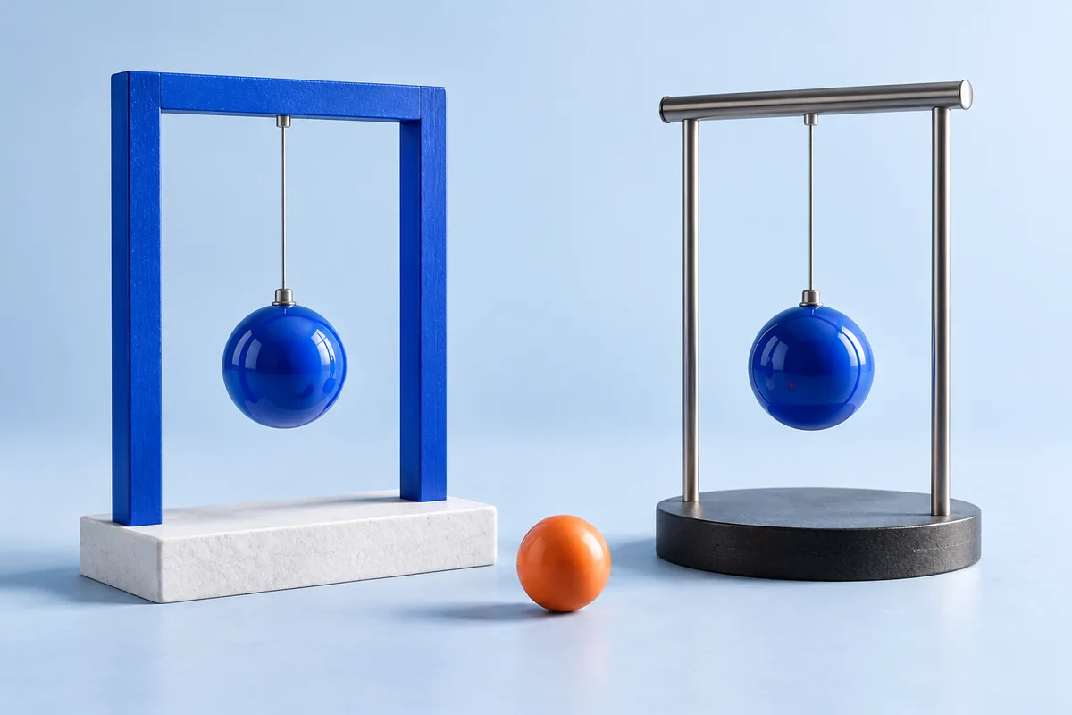 Two pendulums hanging from separate supports. AI-created editorial illustration.