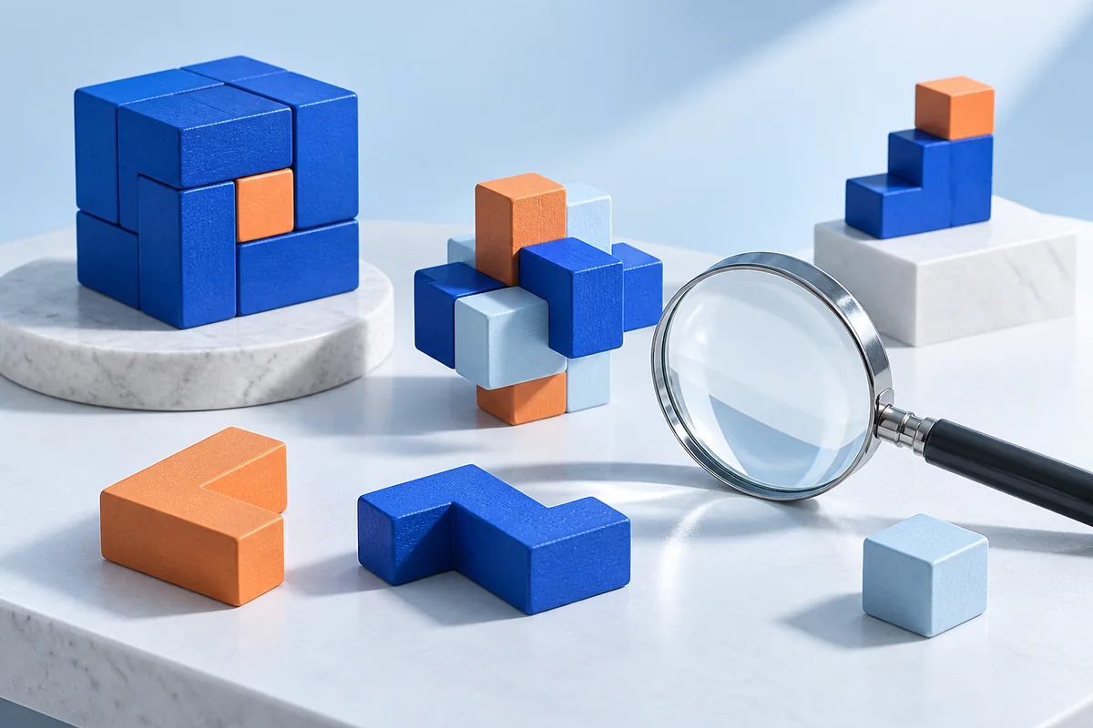 Puzzle blocks and a clear lens on a worktable. AI-created editorial illustration.