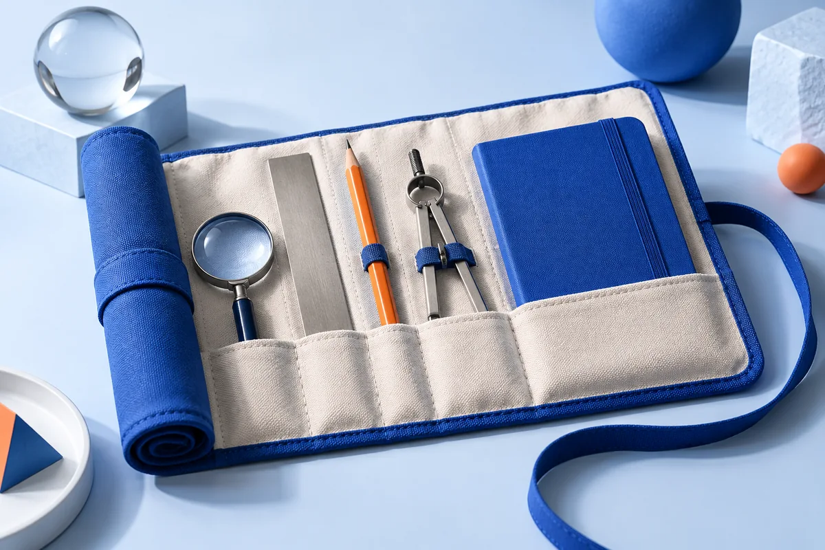A lens, ruler, pencil, compass and notebook in a tool roll. AI-created editorial illustration.