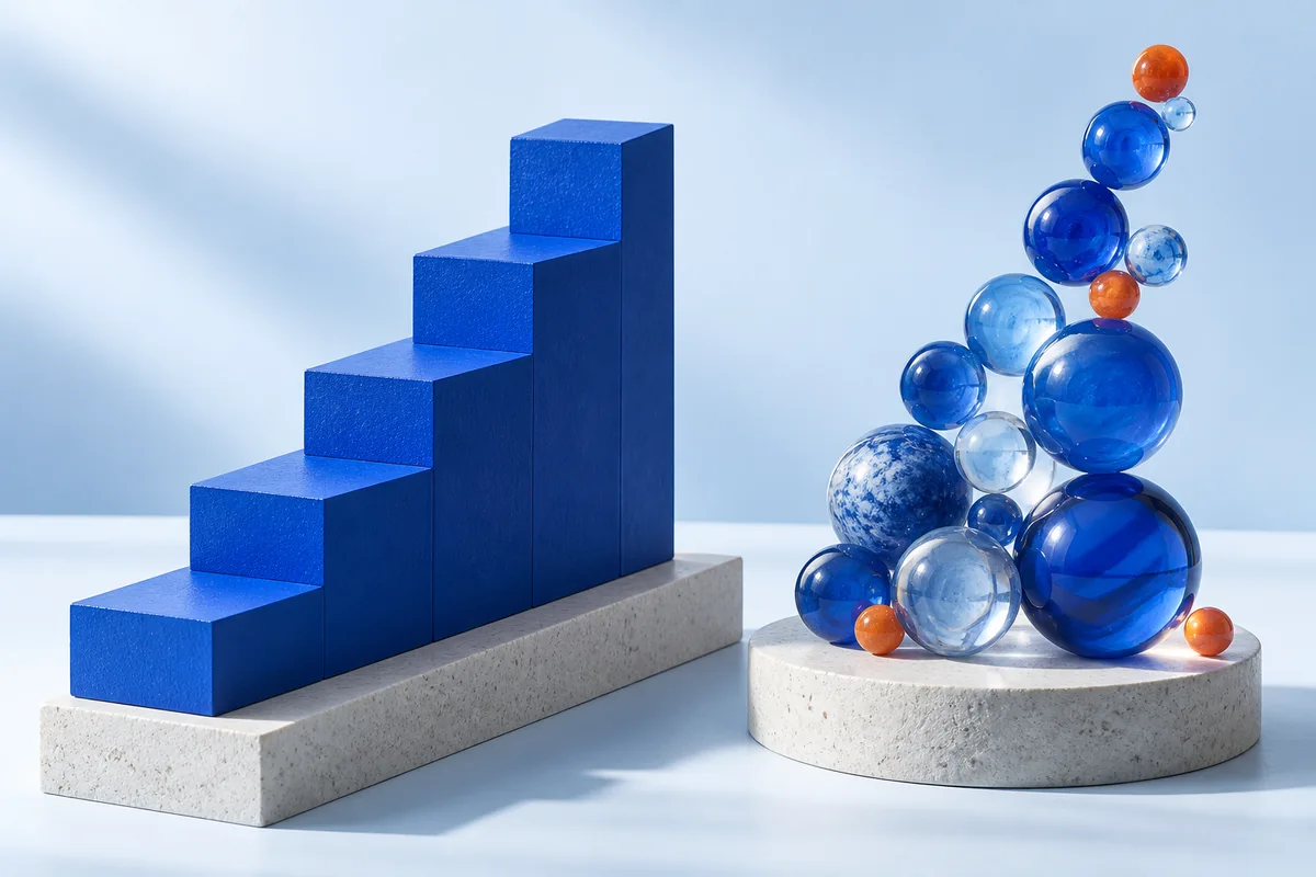 A regular staircase beside a looser arrangement of marbles. AI-created editorial illustration.