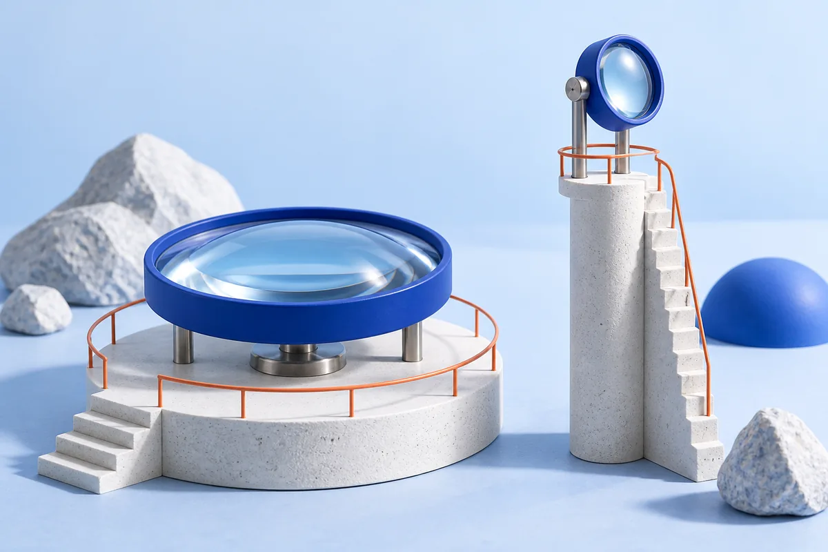 Two observation platforms with differently sized lenses. AI-created editorial illustration.