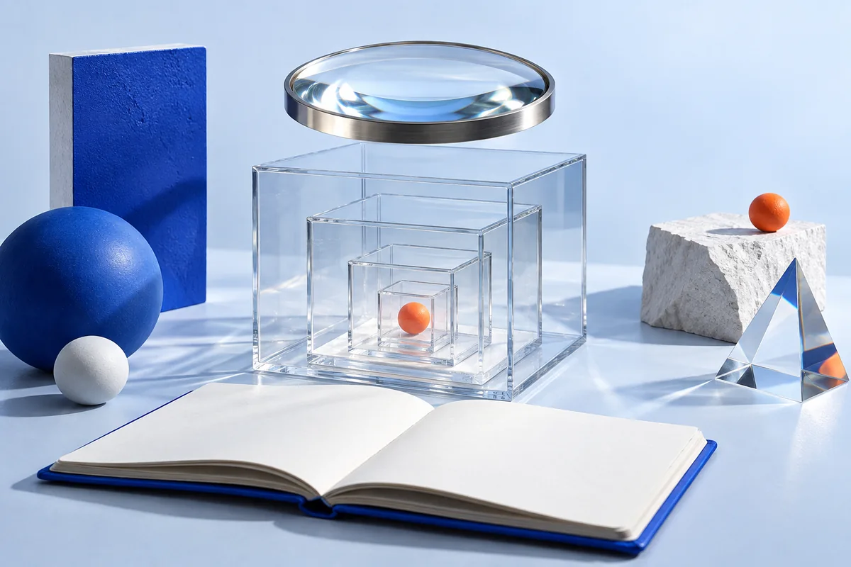 A lens above nested boxes and an open notebook. AI-created editorial illustration.