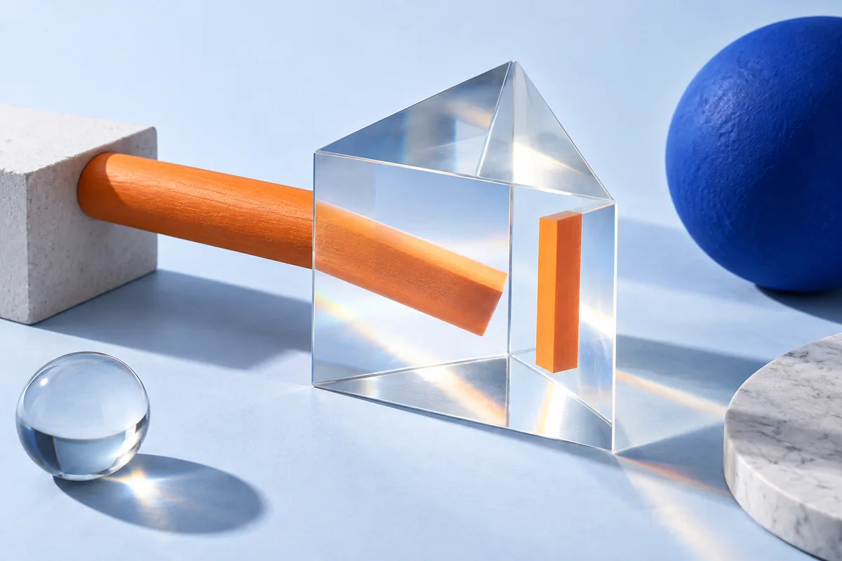 A prism refracting an orange rod into two apparent positions. AI-created editorial illustration.