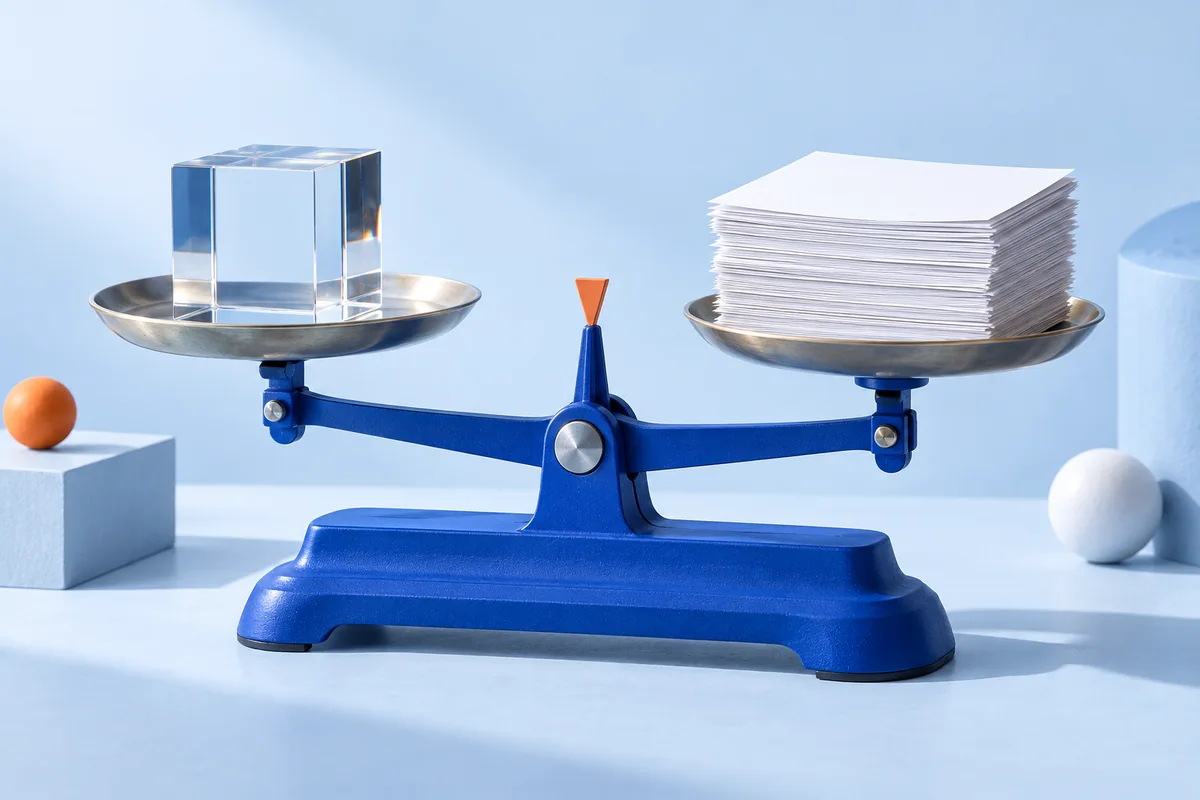 A glass cube and paper sheets on a balance scale. AI-created editorial illustration.