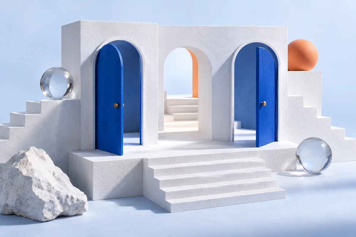 A model with two large doorways and a third open passage. AI-created editorial illustration.