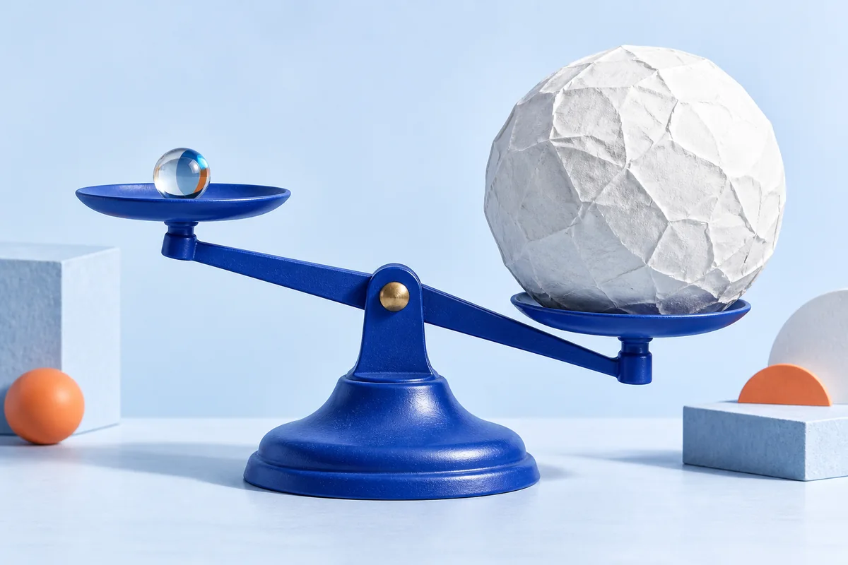 A small glass marble and a large paper sphere on a scale. AI-created editorial illustration.