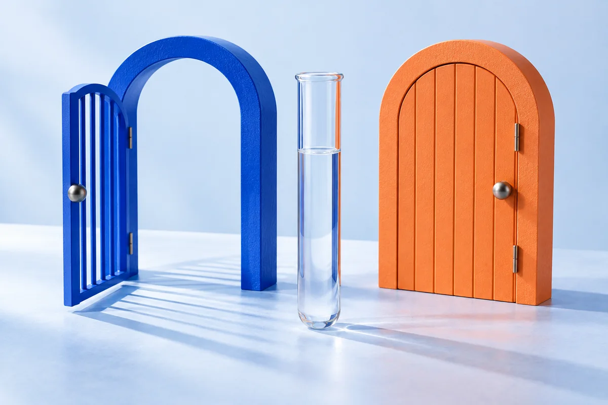 A test tube beside an open gate and a closed gate. AI-created editorial illustration.