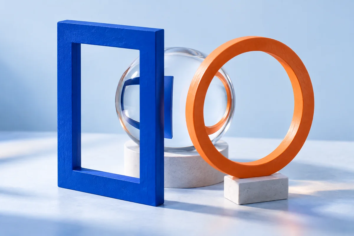One glass sphere seen through two differently shaped frames. AI-created editorial illustration.