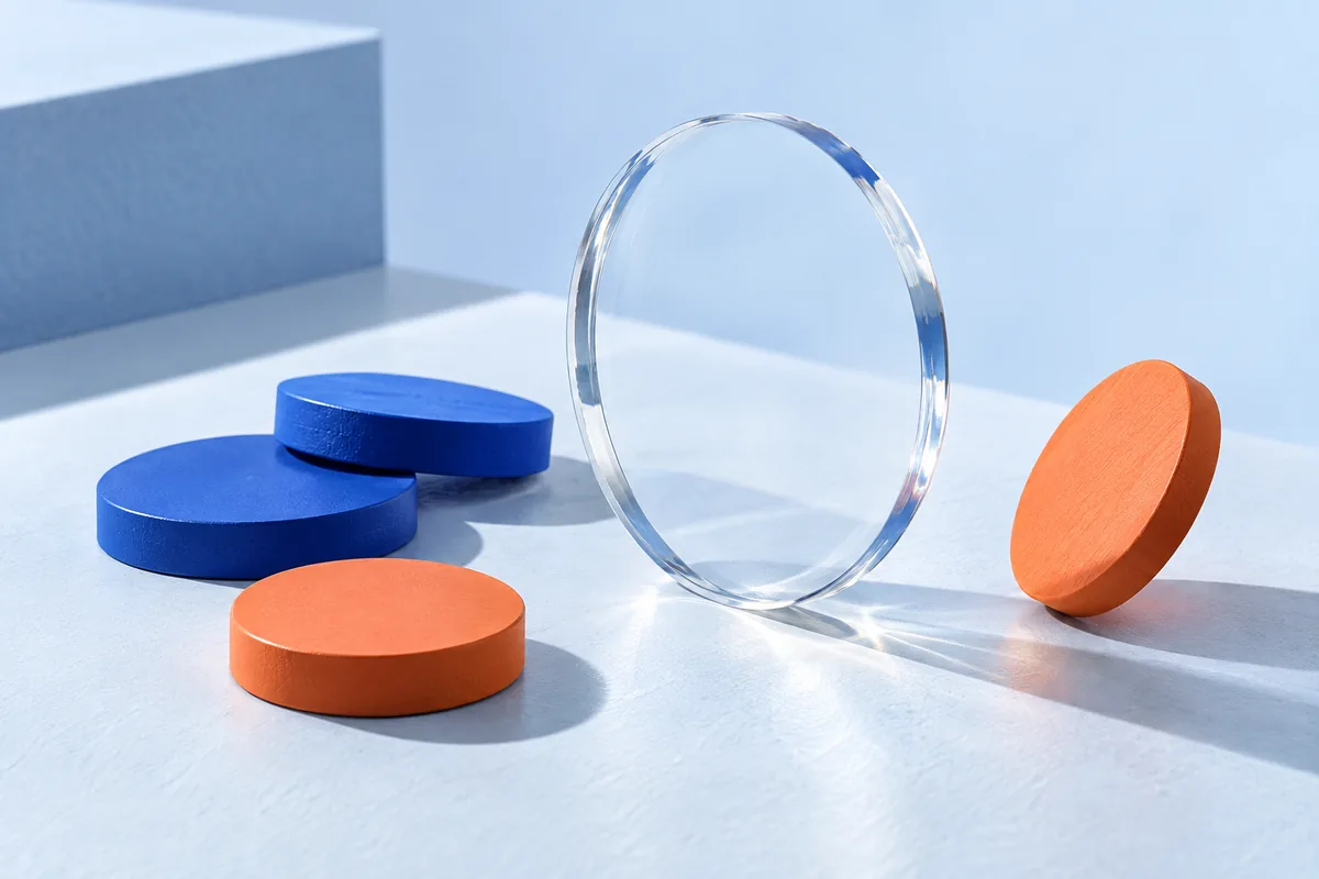 Unmarked blue and orange discs beside a transparent disc. AI-created editorial illustration.