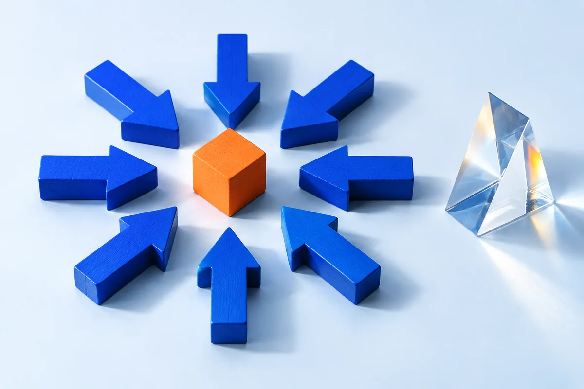A ring of arrows pointing at one cube. AI-created editorial illustration.