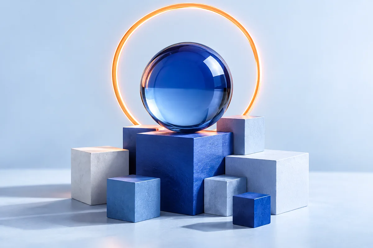 A sphere with a bright halo above a cluster of cubes. AI-created editorial illustration.