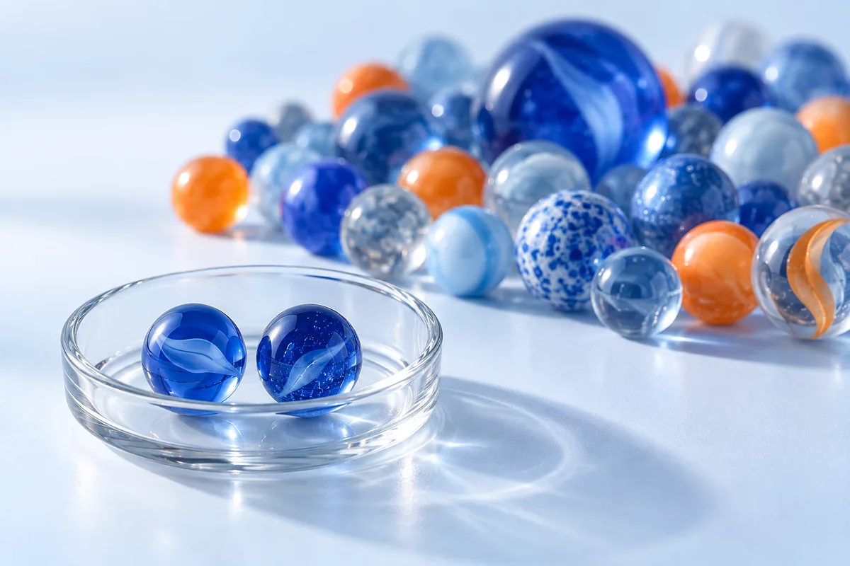 A small dish of marbles before a larger mixed collection. AI-created editorial illustration.