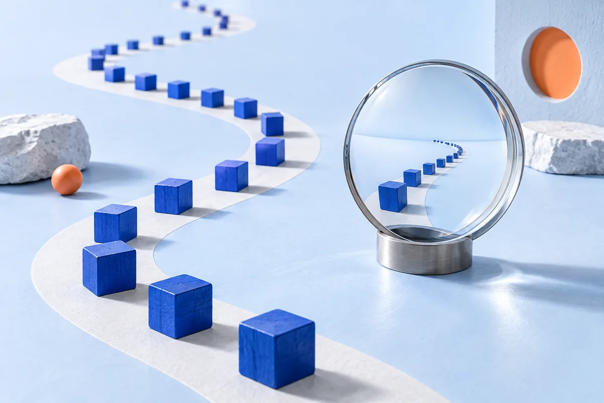 A lens looking back along a completed path of blocks. AI-created editorial illustration.