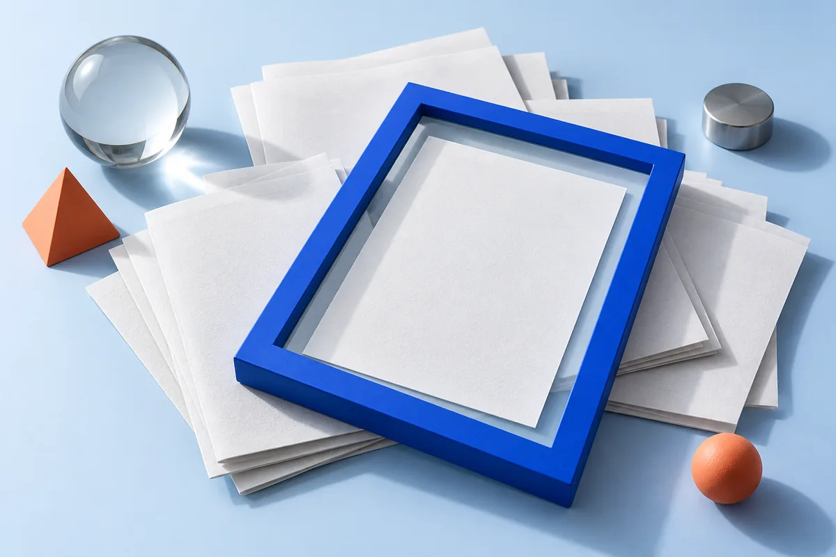 Blank news pages with one isolated inside a viewing frame. AI-created editorial illustration.