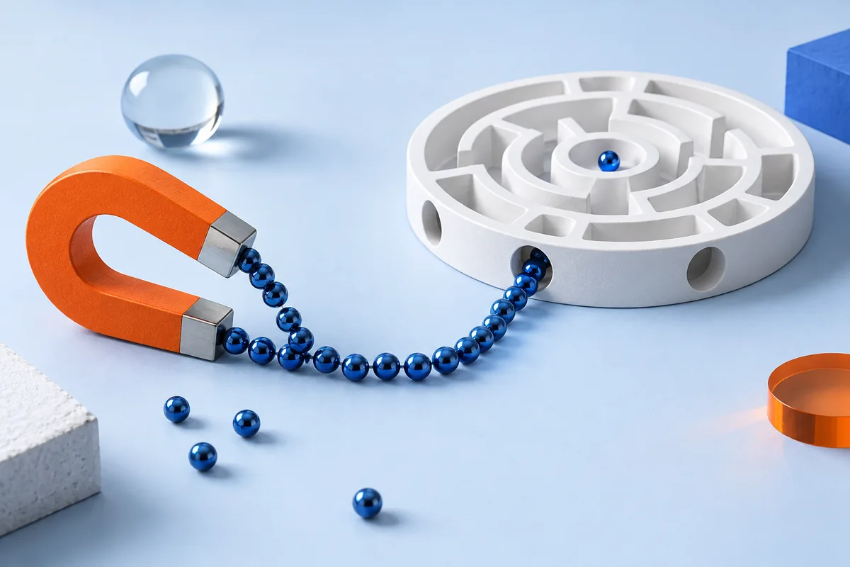A magnet drawing a trail of beads towards one opening. AI-created editorial illustration.