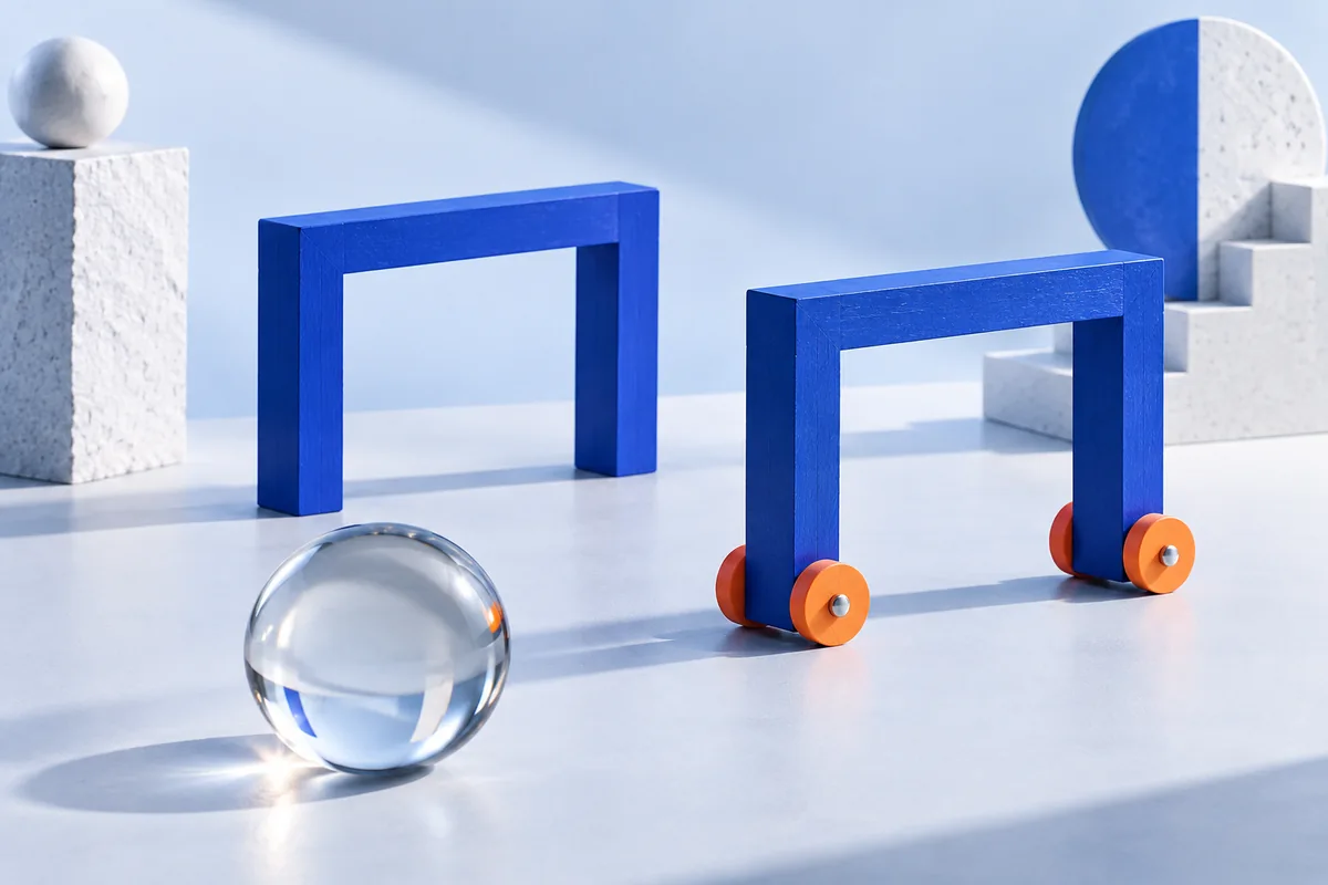 A movable goal frame beside a glass ball. AI-created editorial illustration.