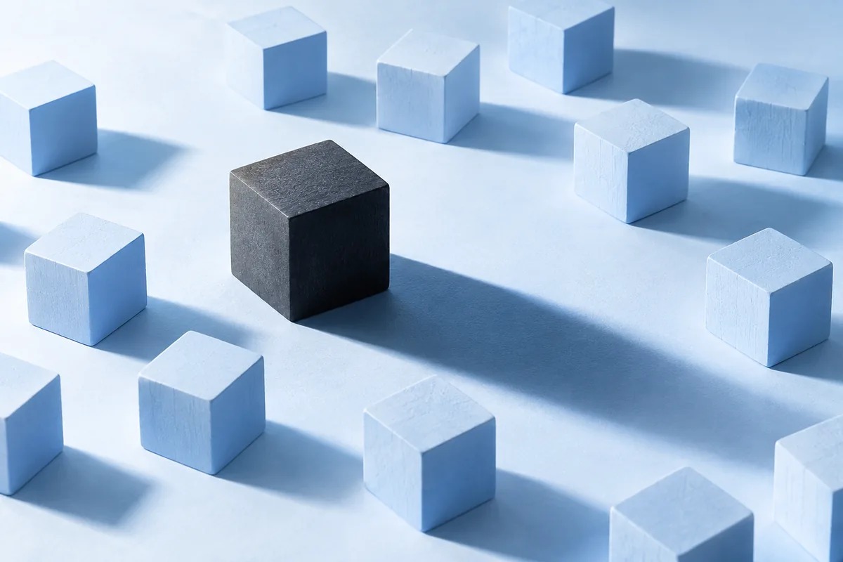 A dark cube casting a shadow across pale cubes. AI-created editorial illustration.