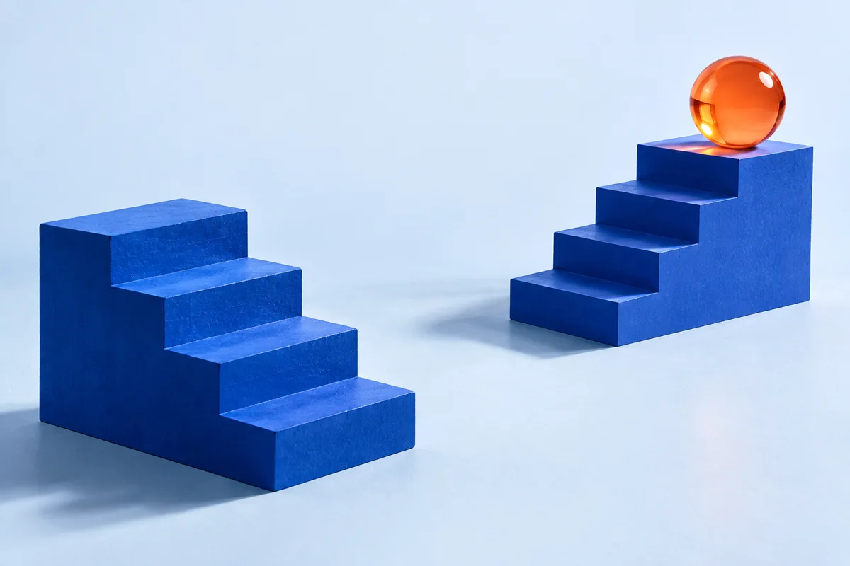 Two disconnected staircases with a sphere on one side. AI-created editorial illustration.