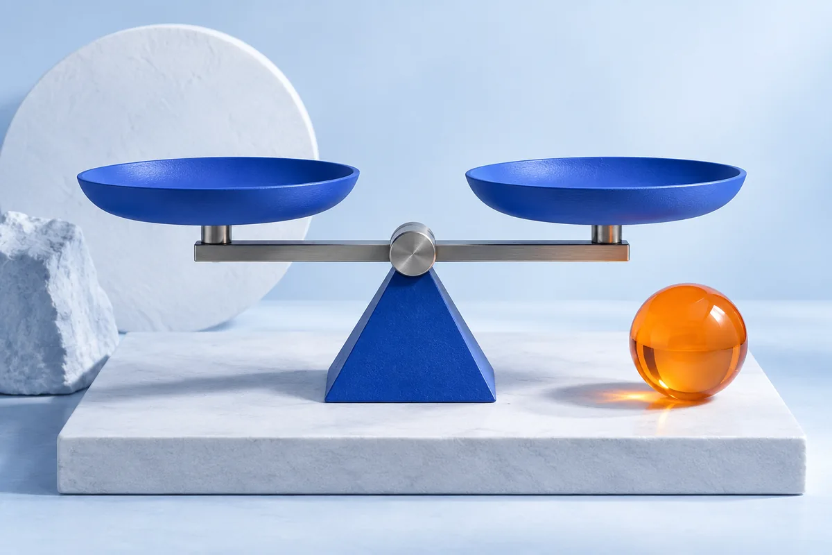 Two level balance pans with a test sphere beside them. AI-created editorial illustration.