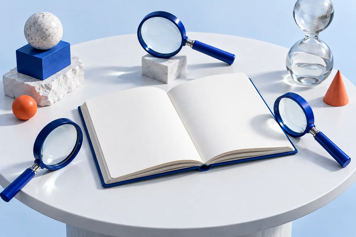 Three magnifiers examining one open notebook. AI-created editorial illustration.