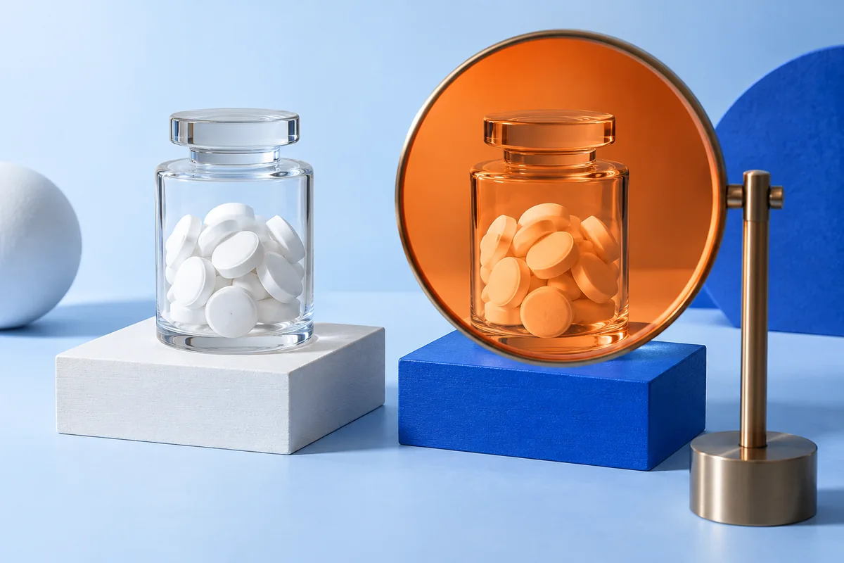 Matching containers viewed with and without a coloured lens. AI-created editorial illustration.