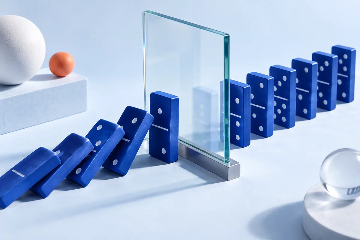 Two domino runs separated by a glass barrier. AI-created editorial illustration.
