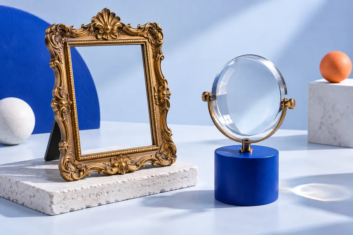 An ornate empty frame beside a simple optical lens. AI-created editorial illustration.