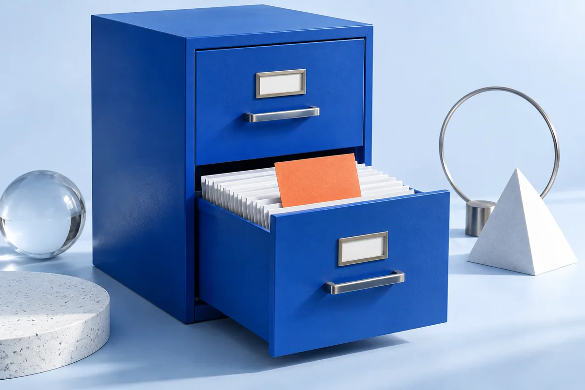Many papers inside a drawer and one displayed on top. AI-created editorial illustration.