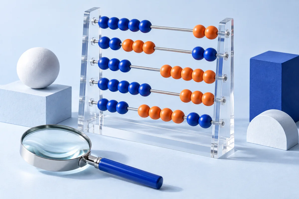 Counting beads on a clear abacus beside a lens. AI-created editorial illustration.