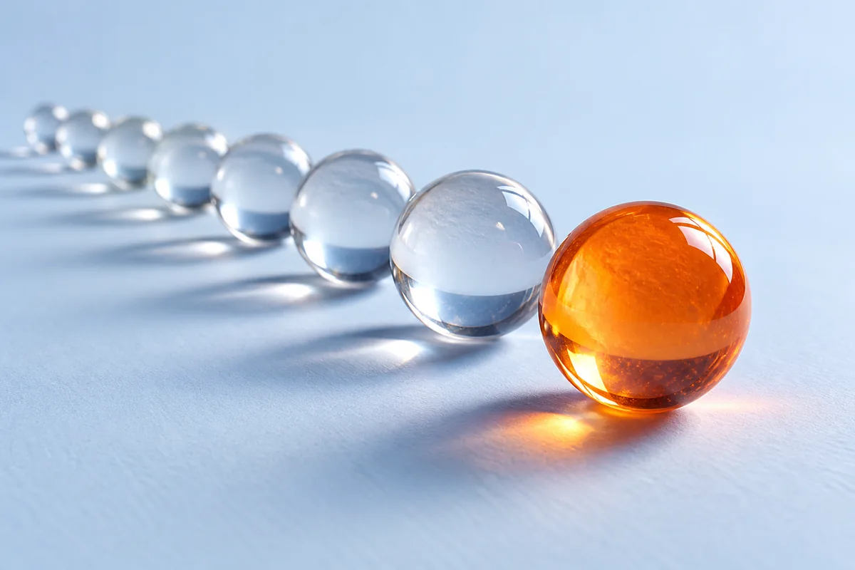 A row of beads ending in a brightly lit orange bead. AI-created editorial illustration.