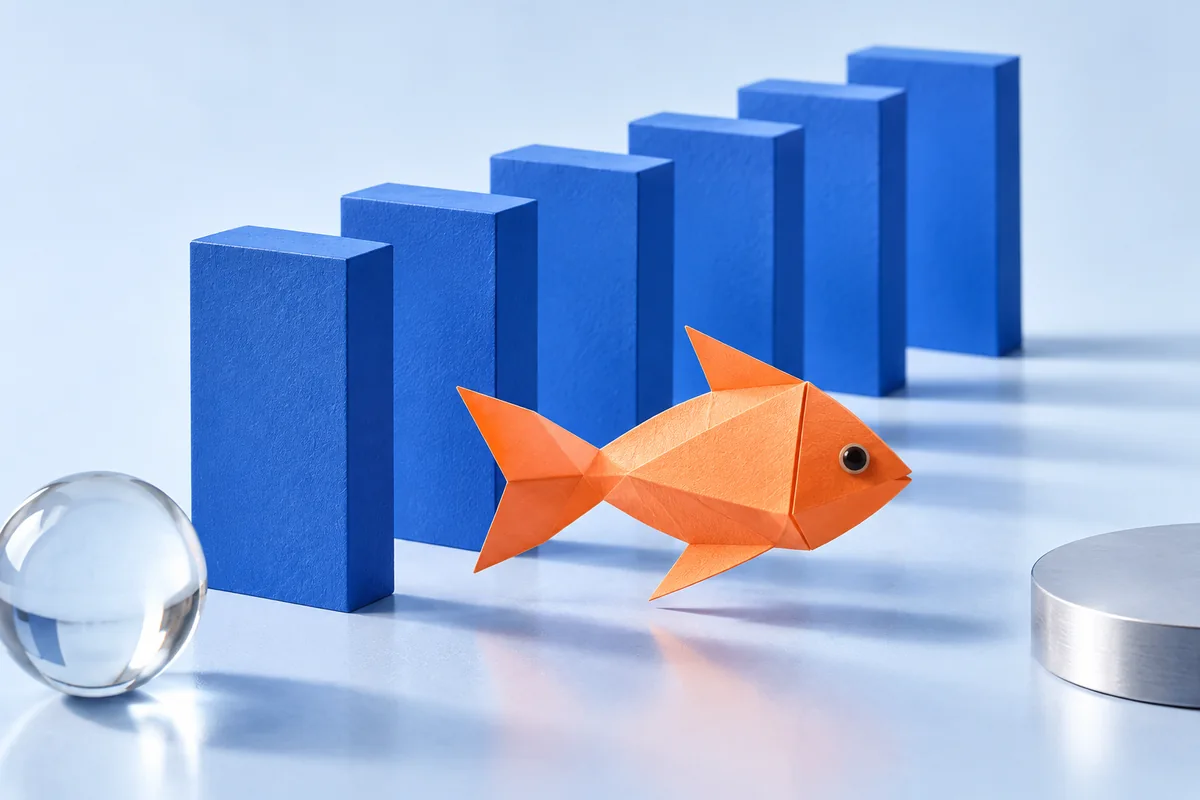 An orange paper fish interrupting a line of blue blocks. AI-created editorial illustration.