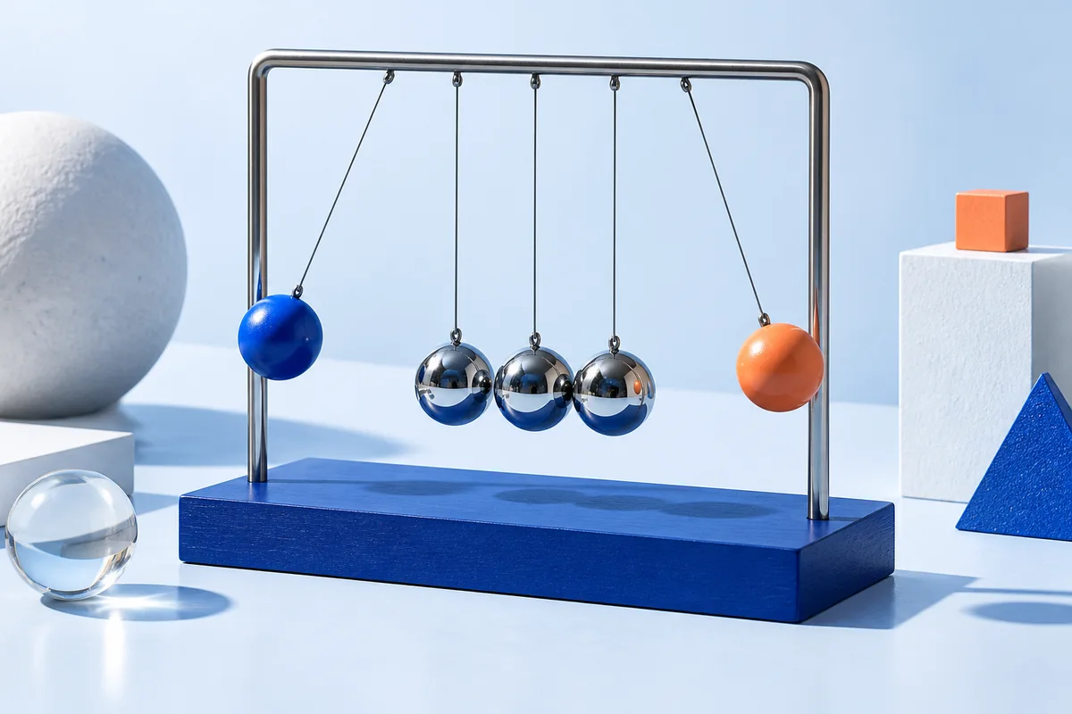 Pendulums arranged at different distances from their resting position. AI-created editorial illustration.