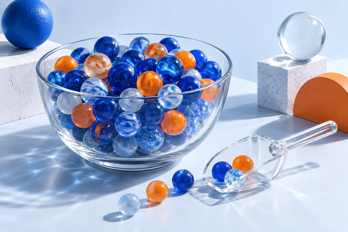A bowl of mixed marbles and a small sampling scoop. AI-created editorial illustration.