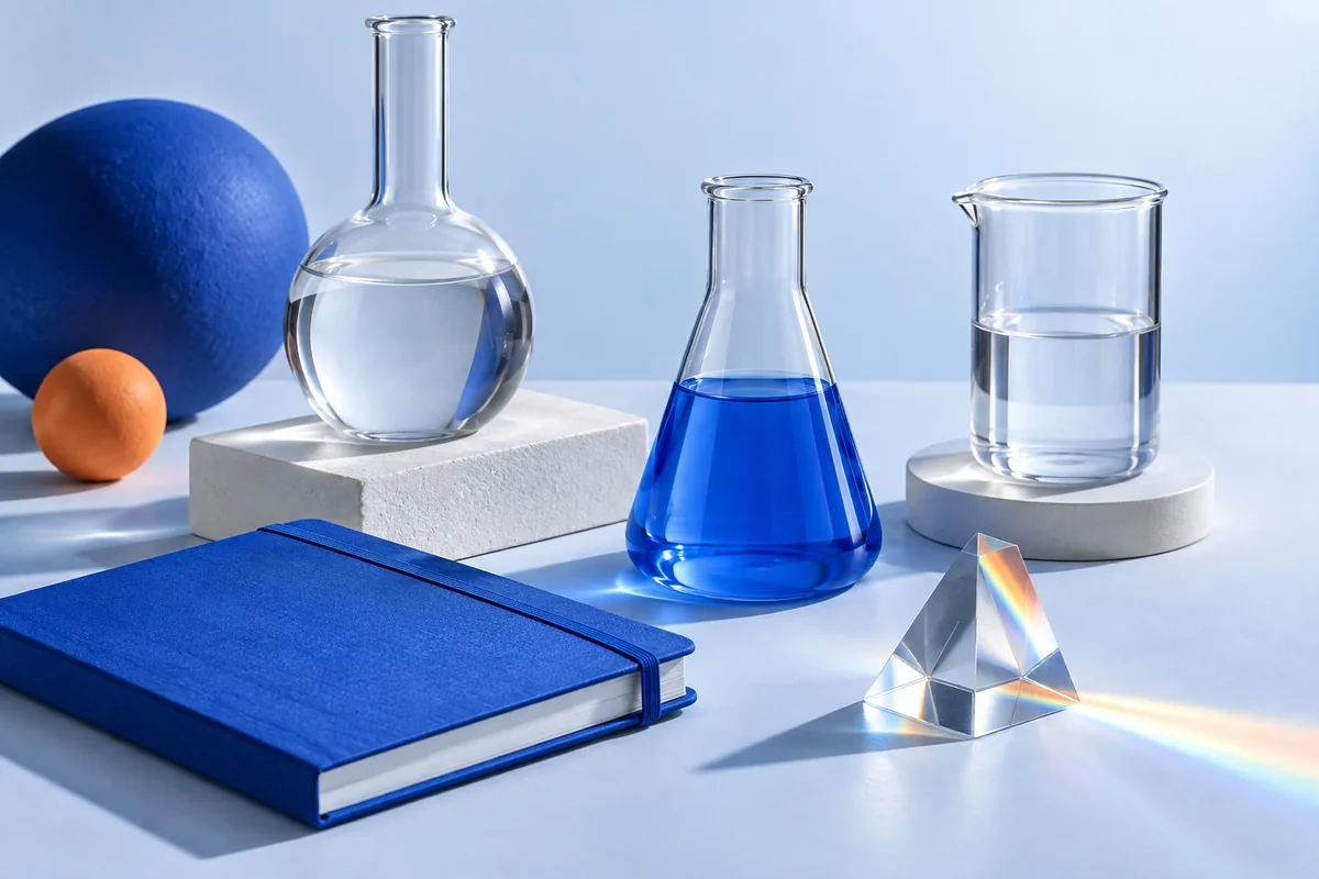 Unlabelled laboratory glassware, a notebook and a prism. AI-created editorial illustration.